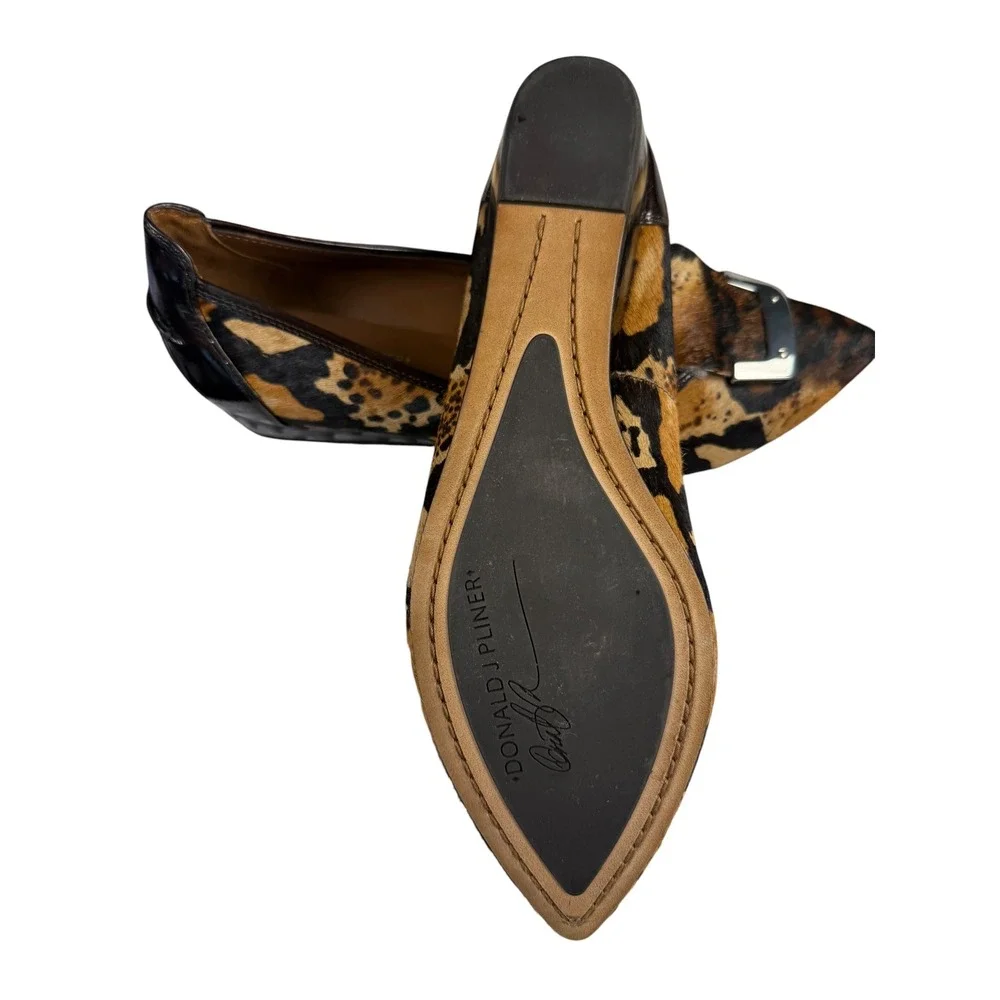 Donald J Pliner Leopard Calf Hair Wedge Pumps Pointed Toe Buckle Brown Womens